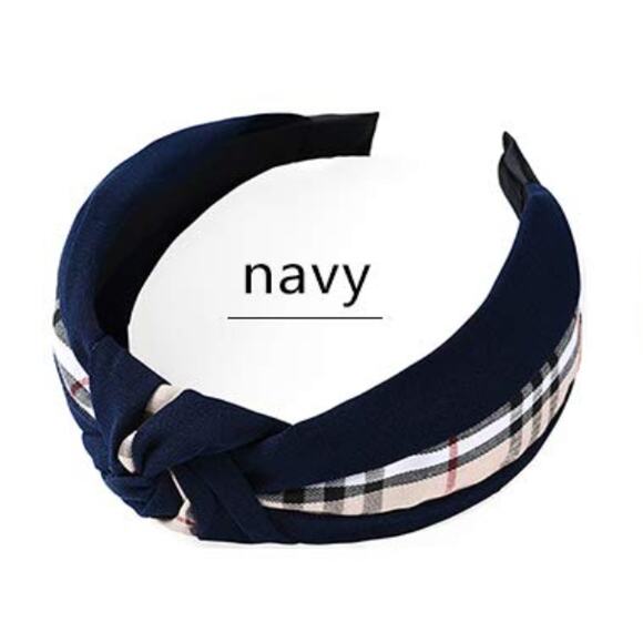LUXE Navy Top Knot Silk Headband with Nova Check Plaid detail (LHXX006) - Picture 1 of 1